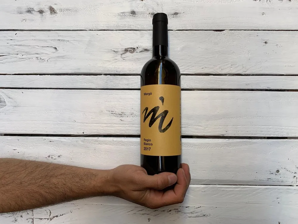 Bottiglia di vino artigianale in mano su legno bianco